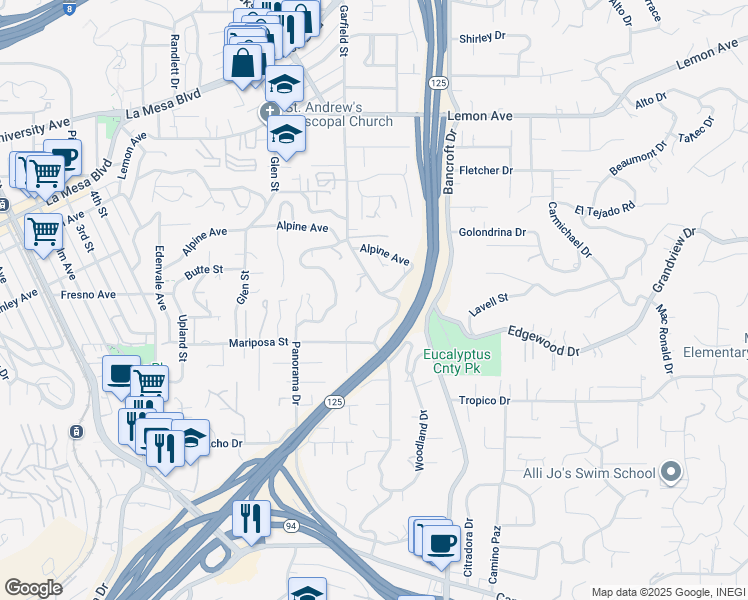 map of restaurants, bars, coffee shops, grocery stores, and more near 4554 Garfield Street in La Mesa