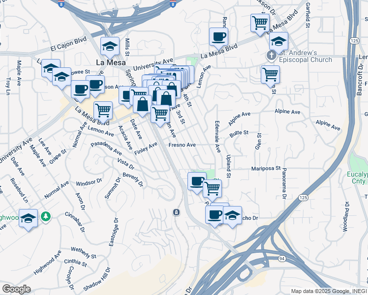 map of restaurants, bars, coffee shops, grocery stores, and more near 4545 Palm Avenue in La Mesa