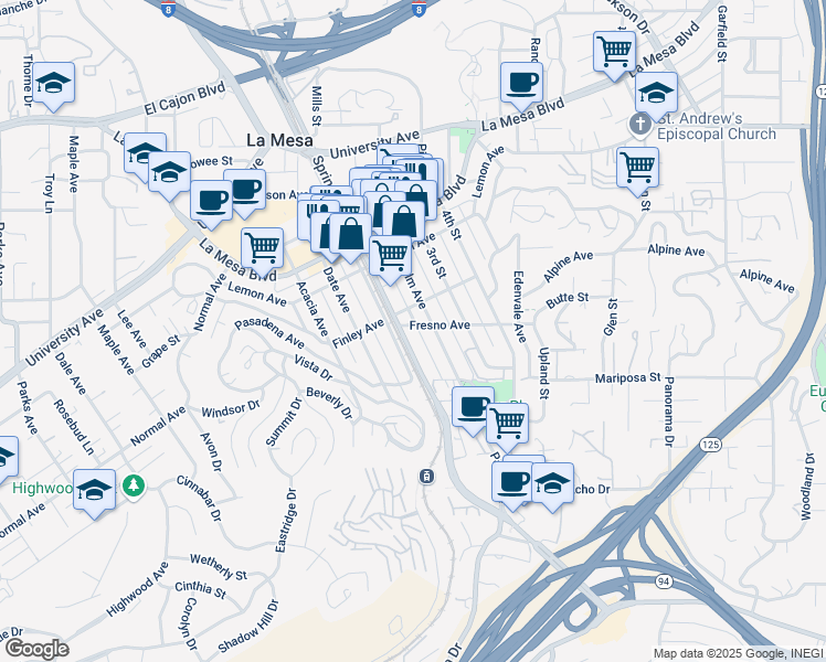 map of restaurants, bars, coffee shops, grocery stores, and more near 4551 Spring Street in La Mesa