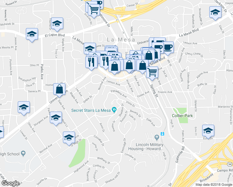 map of restaurants, bars, coffee shops, grocery stores, and more near 8041 Vista Drive in La Mesa
