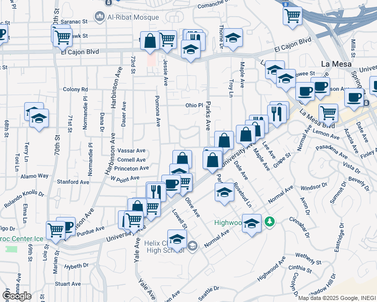 map of restaurants, bars, coffee shops, grocery stores, and more near 4572 Olive Avenue in La Mesa