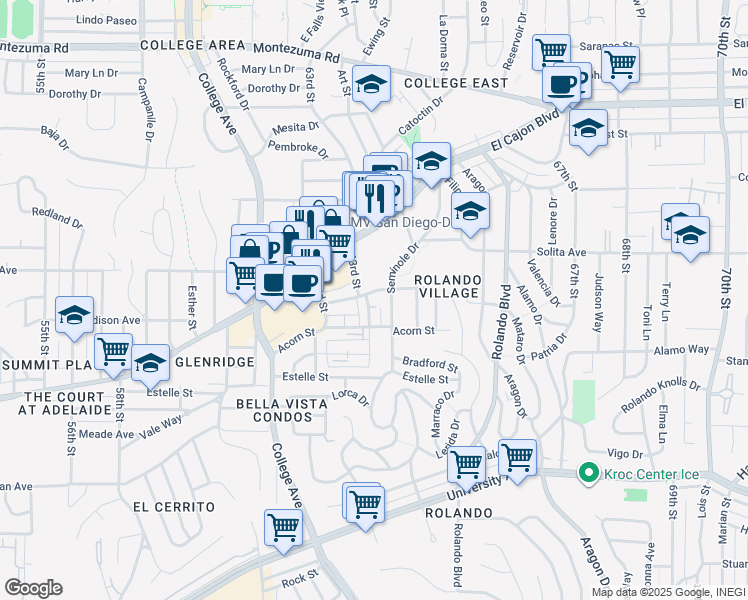 map of restaurants, bars, coffee shops, grocery stores, and more near 4650 Seminole Drive in San Diego