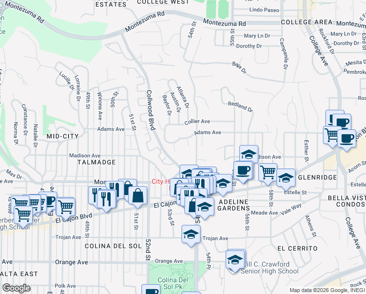 map of restaurants, bars, coffee shops, grocery stores, and more near 4633 Antioch Place in San Diego