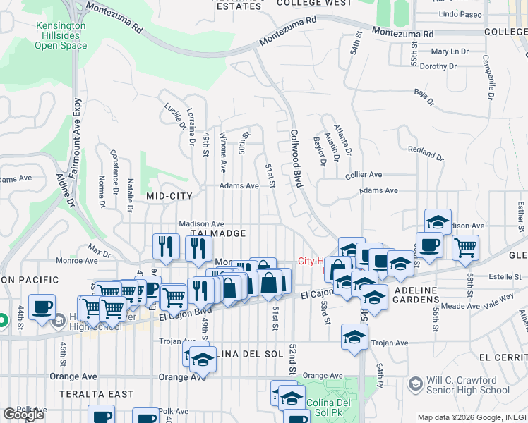 map of restaurants, bars, coffee shops, grocery stores, and more near 4615 Altadena Avenue in San Diego