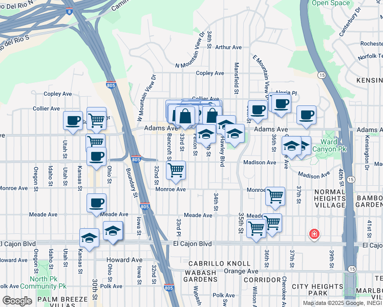 map of restaurants, bars, coffee shops, grocery stores, and more near 4621 Felton Street in San Diego