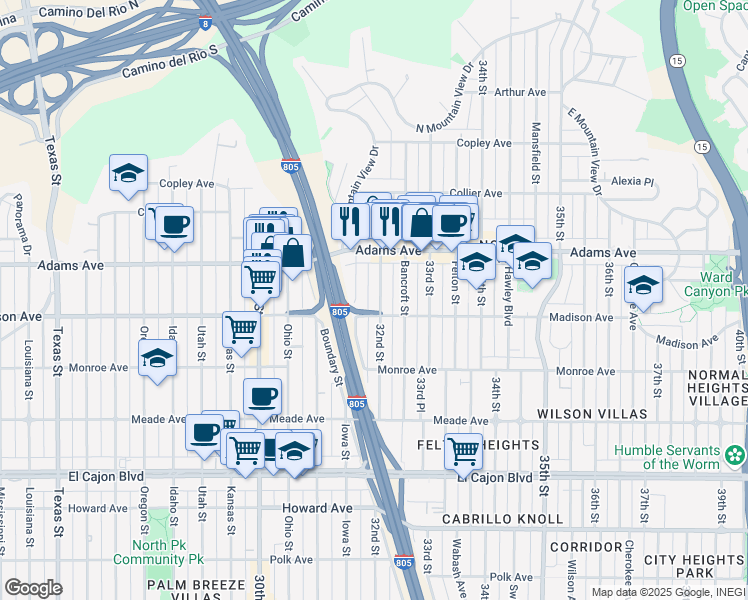 map of restaurants, bars, coffee shops, grocery stores, and more near 4615 Iowa Street in San Diego