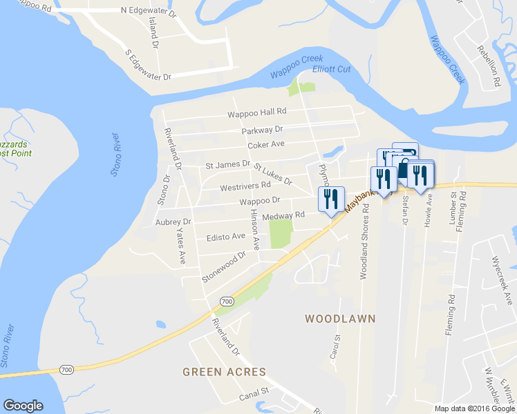 map of restaurants, bars, coffee shops, grocery stores, and more near 2133 Wappoo Drive in Charleston