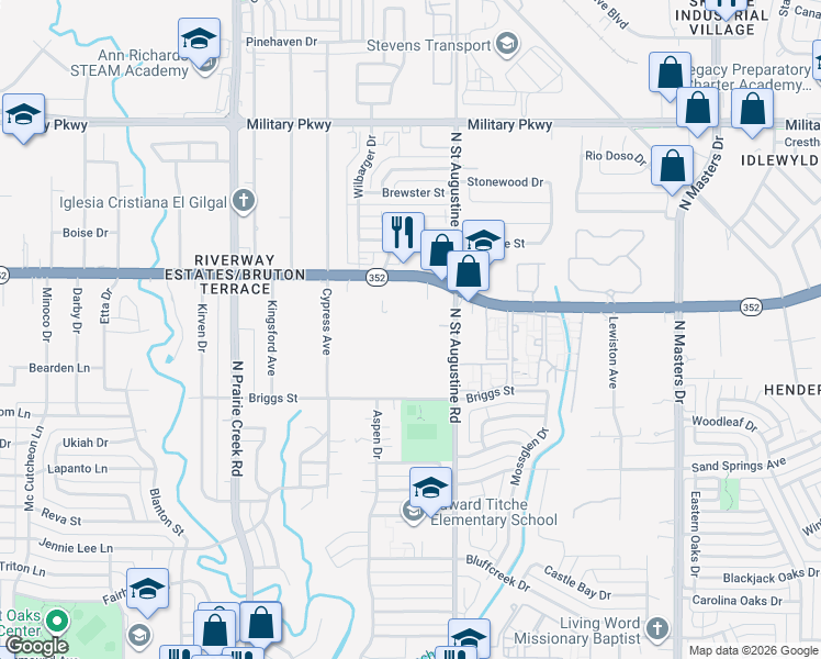 map of restaurants, bars, coffee shops, grocery stores, and more near 9520 Scyene Road in Dallas