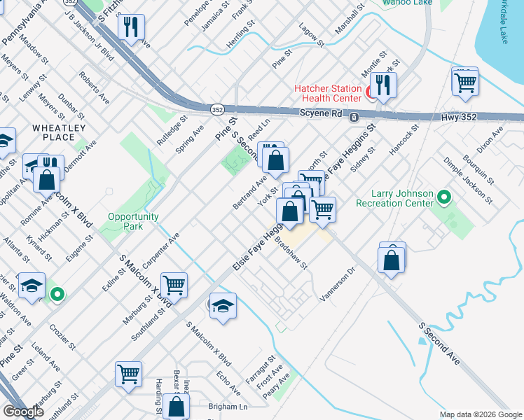 map of restaurants, bars, coffee shops, grocery stores, and more near 4600 Bradshaw Street in Dallas