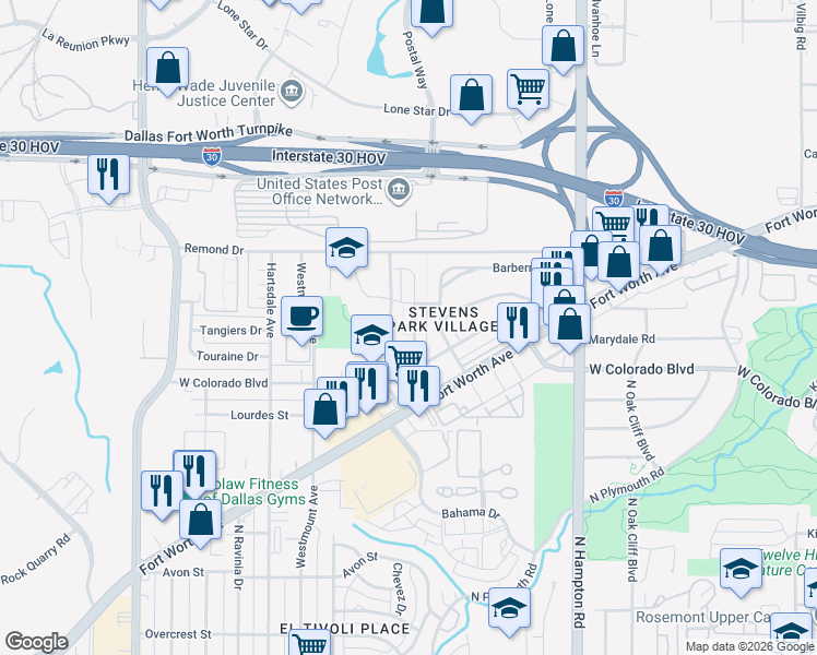 map of restaurants, bars, coffee shops, grocery stores, and more near 1250 Fullerton Drive in Dallas