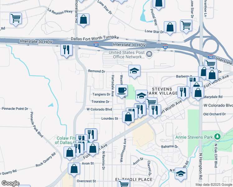 map of restaurants, bars, coffee shops, grocery stores, and more near 1330 Hartsdale Drive in Dallas