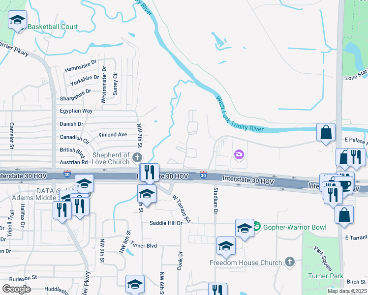 map of restaurants, bars, coffee shops, grocery stores, and more near 1470 Gentry Place Road in Grand Prairie