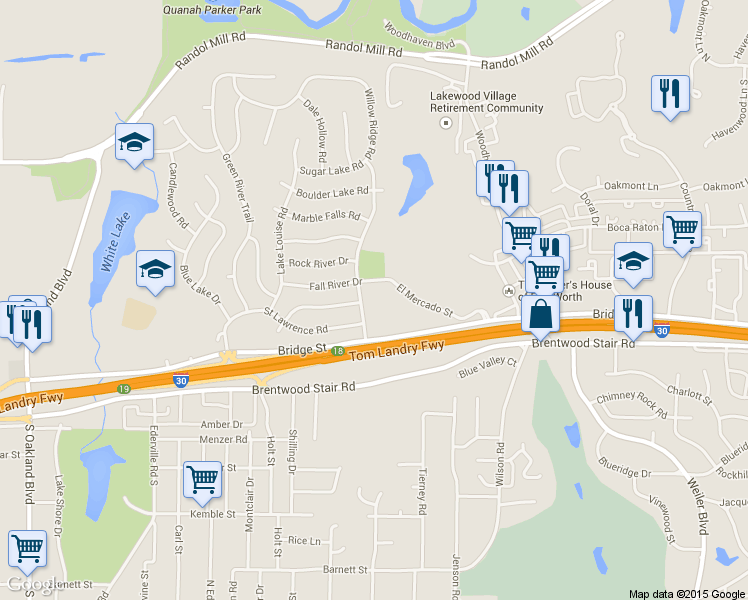 map of restaurants, bars, coffee shops, grocery stores, and more near 1001 Willow Ridge Road in Fort Worth