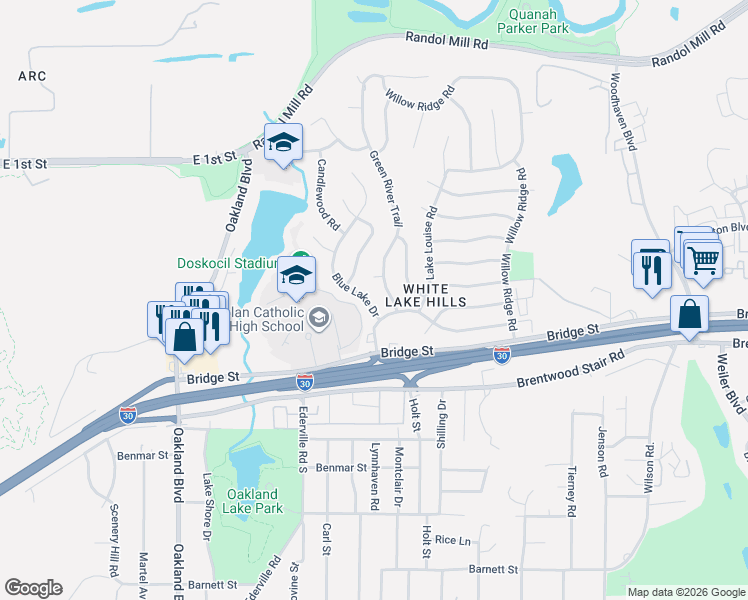 map of restaurants, bars, coffee shops, grocery stores, and more near 1016 Blue Lake Drive in Fort Worth