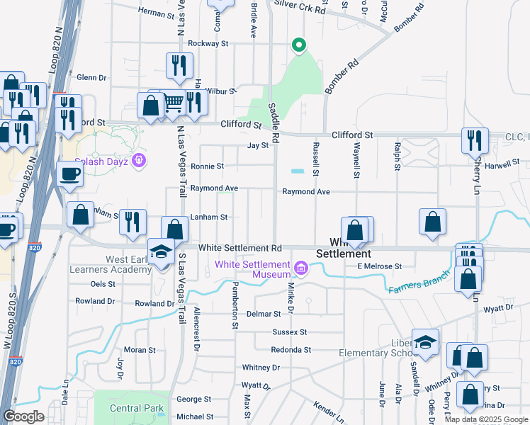 map of restaurants, bars, coffee shops, grocery stores, and more near 200 East Place in White Settlement