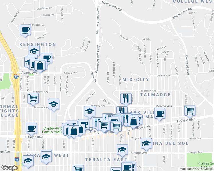 map of restaurants, bars, coffee shops, grocery stores, and more near 4634 Norma Drive in San Diego