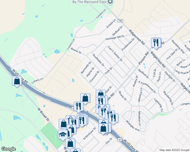map of restaurants, bars, coffee shops, grocery stores, and more near Concord Street in Forney