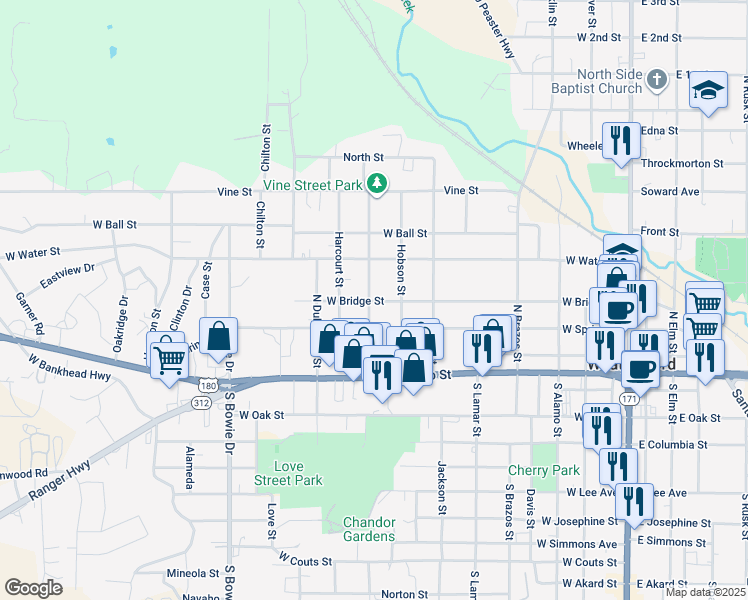 map of restaurants, bars, coffee shops, grocery stores, and more near 805 West Bridge Street in Weatherford