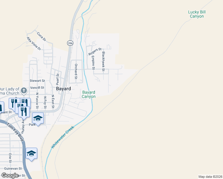 map of restaurants, bars, coffee shops, grocery stores, and more near Bayard Canyon Rd in Bayard