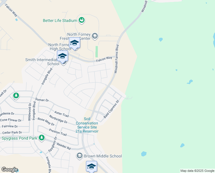 map of restaurants, bars, coffee shops, grocery stores, and more near WindMill Farms Boulevard in Forney