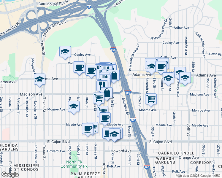 map of restaurants, bars, coffee shops, grocery stores, and more near 4630a Ohio Street in San Diego