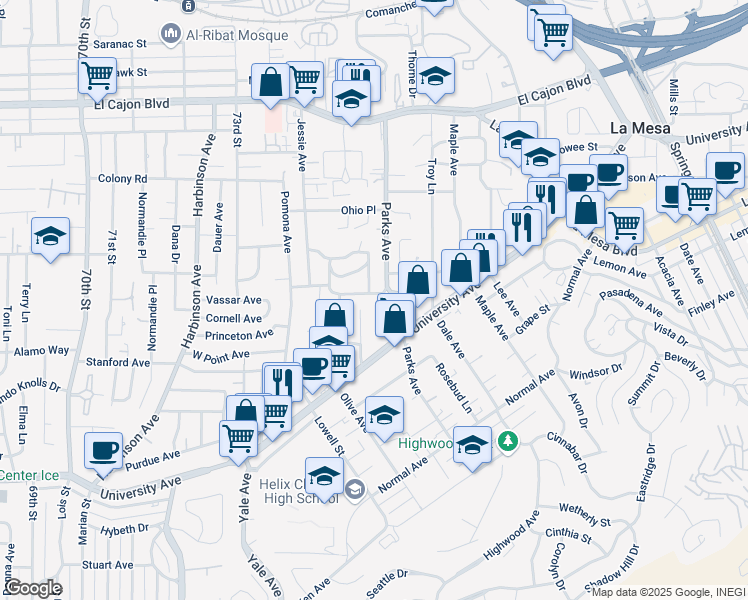 map of restaurants, bars, coffee shops, grocery stores, and more near 7575 Seneca Place in La Mesa