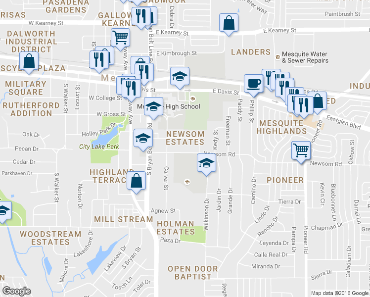 map of restaurants, bars, coffee shops, grocery stores, and more near 329 Newsome Road in Mesquite