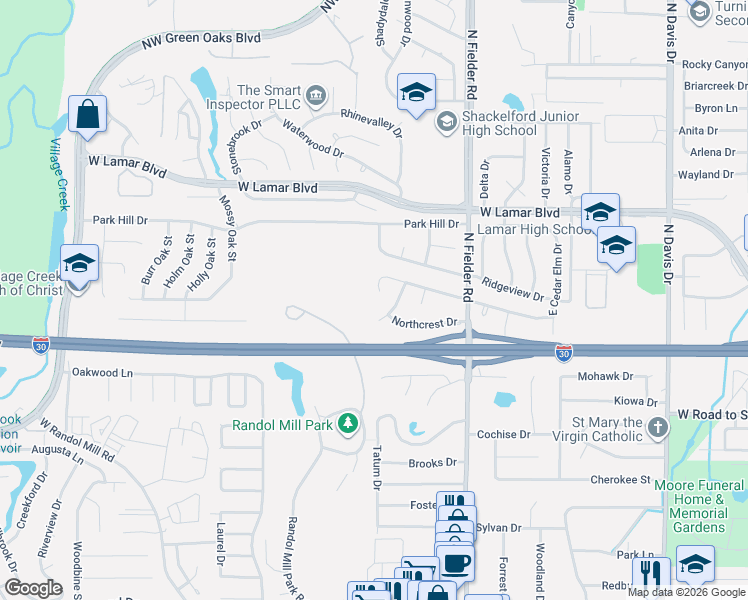 map of restaurants, bars, coffee shops, grocery stores, and more near 1733 Park Ridge Terrace in Arlington