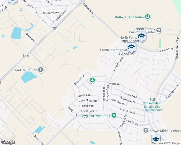 map of restaurants, bars, coffee shops, grocery stores, and more near 2025 Fair Crest Trail in Forney