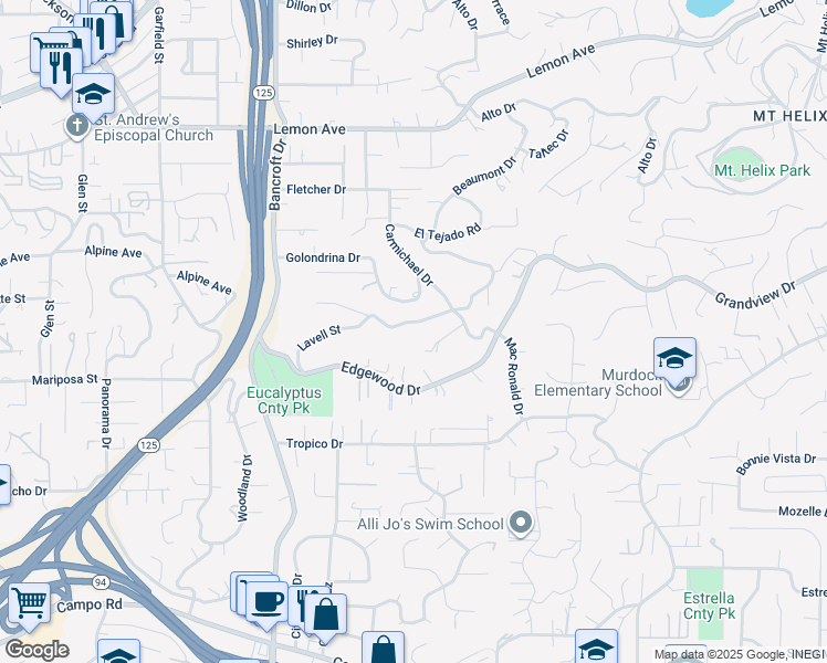 map of restaurants, bars, coffee shops, grocery stores, and more near 9355 Lavell Street in La Mesa