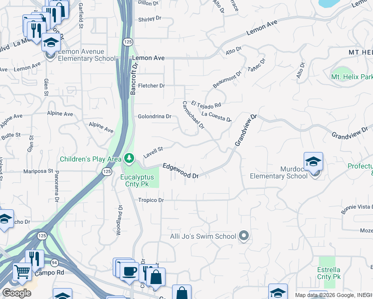 map of restaurants, bars, coffee shops, grocery stores, and more near 9325 Lavell Street in La Mesa
