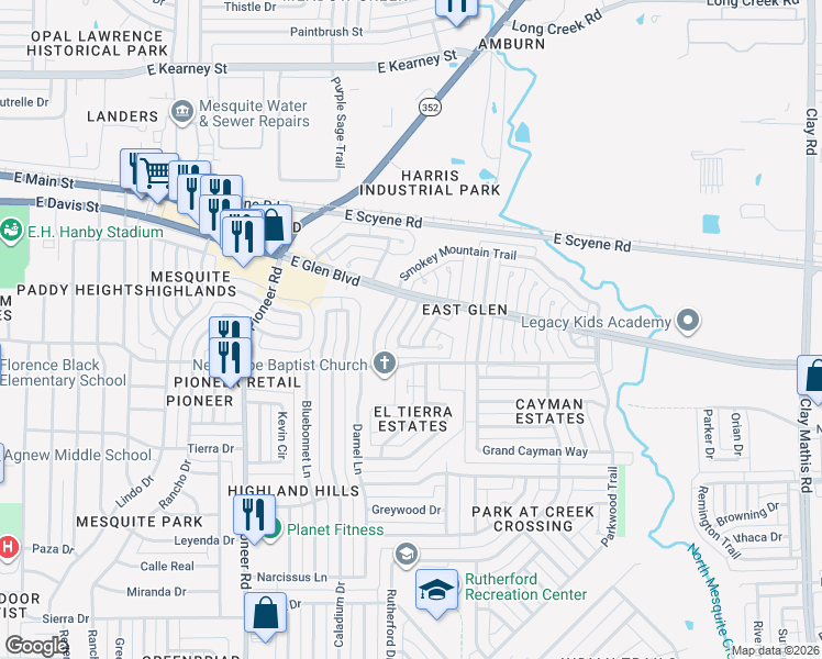 map of restaurants, bars, coffee shops, grocery stores, and more near 439 Appomattox Drive in Mesquite