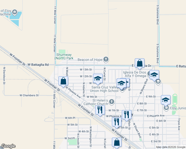 map of restaurants, bars, coffee shops, grocery stores, and more near 402 West 12th Street in Eloy