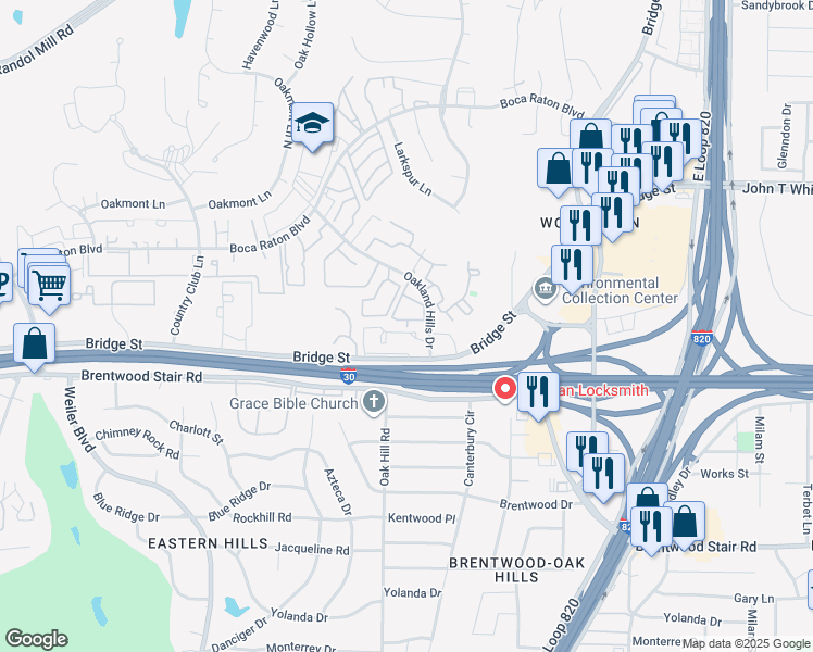 map of restaurants, bars, coffee shops, grocery stores, and more near 6151 Oakland Hills Drive in Fort Worth