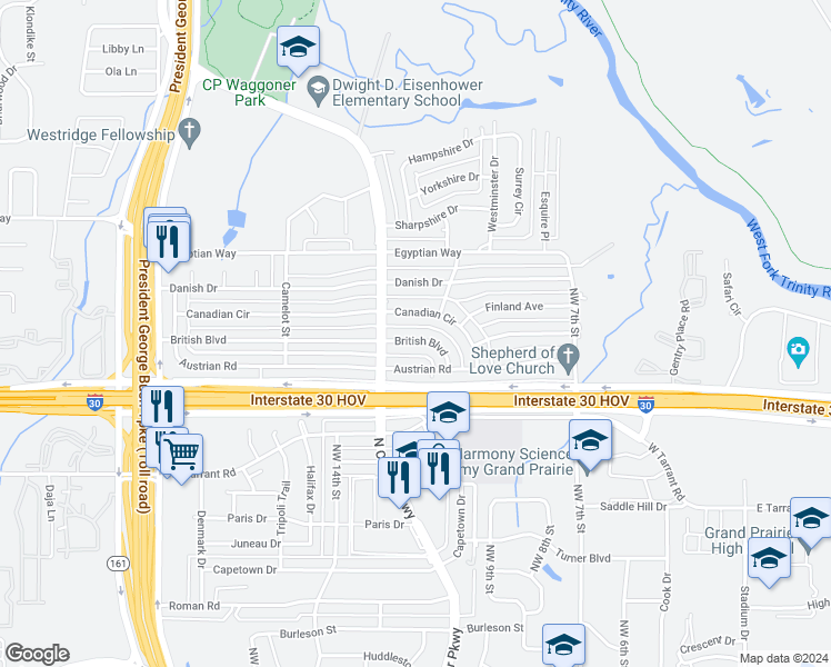 map of restaurants, bars, coffee shops, grocery stores, and more near 910 British Boulevard in Grand Prairie