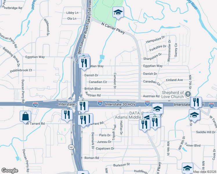 map of restaurants, bars, coffee shops, grocery stores, and more near 1510 British Boulevard in Grand Prairie
