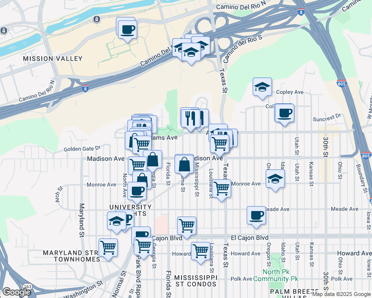 map of restaurants, bars, coffee shops, grocery stores, and more near 4625 Alabama Street in San Diego