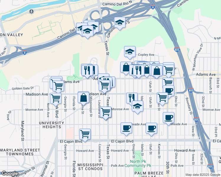 map of restaurants, bars, coffee shops, grocery stores, and more near 4632 Arizona Street in San Diego