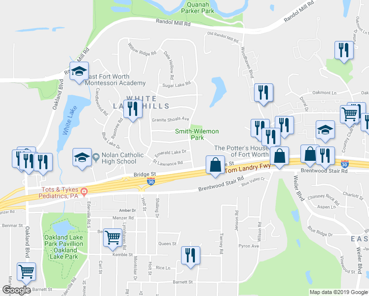 map of restaurants, bars, coffee shops, grocery stores, and more near 5021 Emerald Lake Drive in Fort Worth