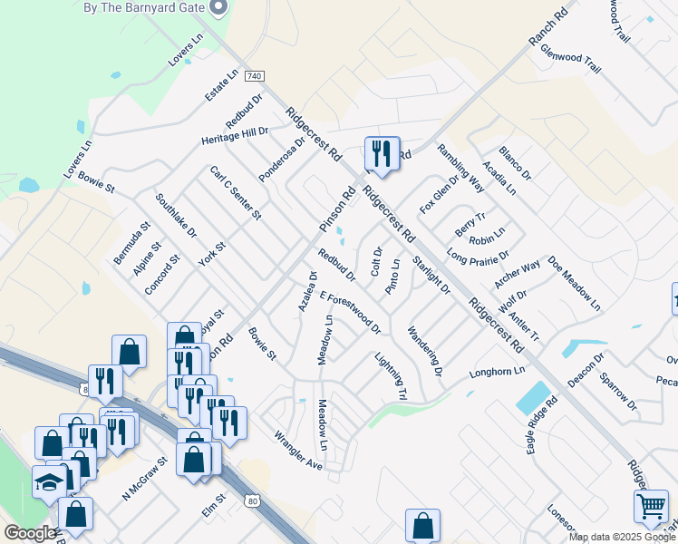 map of restaurants, bars, coffee shops, grocery stores, and more near 205 Redbud Drive in Forney