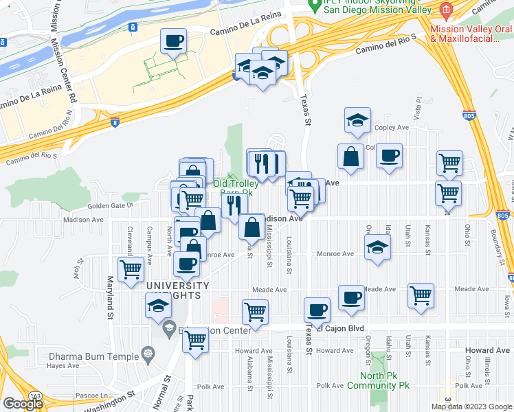 map of restaurants, bars, coffee shops, grocery stores, and more near 4629 Alabama Street in San Diego