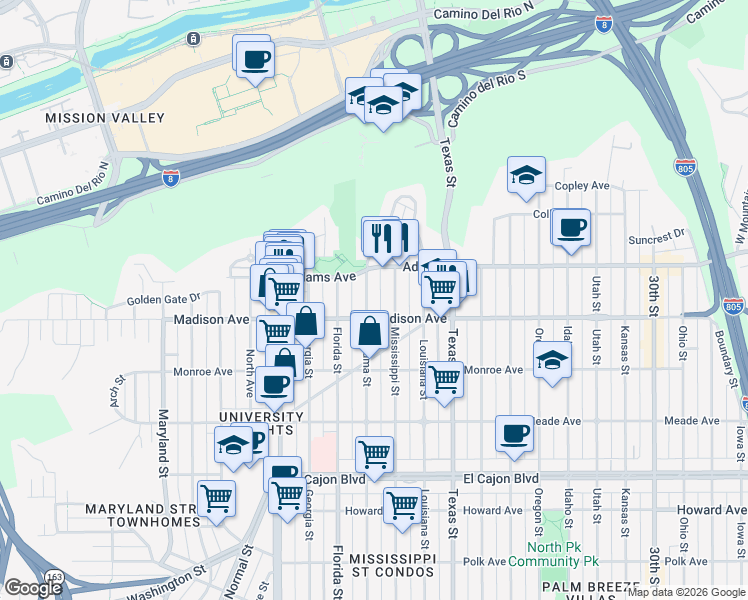 map of restaurants, bars, coffee shops, grocery stores, and more near 4629 Alabama Street in San Diego