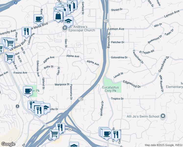 map of restaurants, bars, coffee shops, grocery stores, and more near 4554 Garfield Street in La Mesa