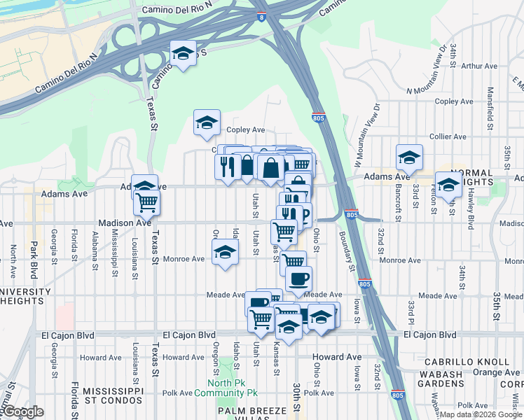 map of restaurants, bars, coffee shops, grocery stores, and more near 4602 Kansas Street in San Diego