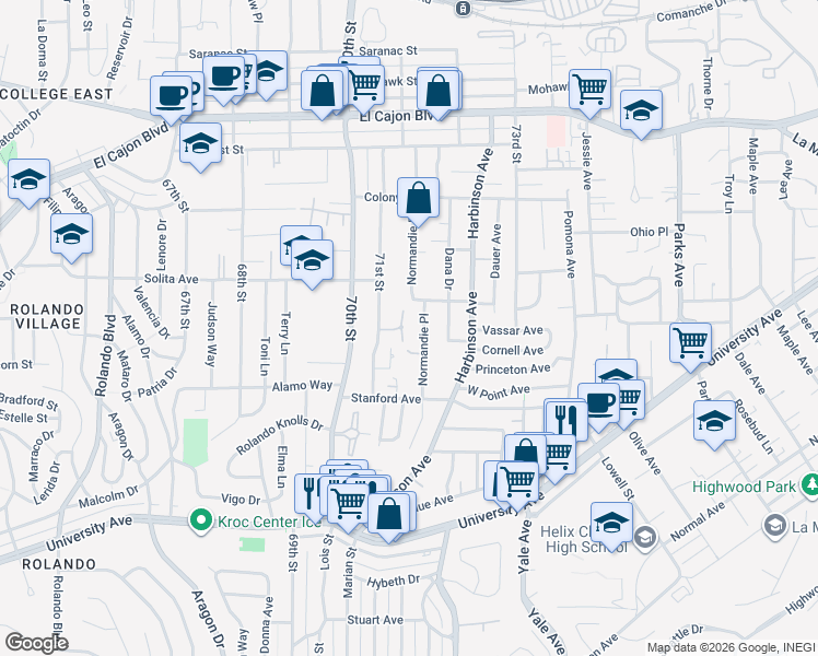 map of restaurants, bars, coffee shops, grocery stores, and more near 4555 71st Street in La Mesa