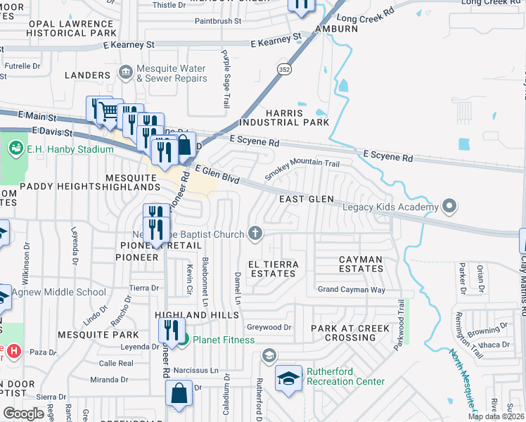 map of restaurants, bars, coffee shops, grocery stores, and more near 439 Appomattox Drive in Mesquite
