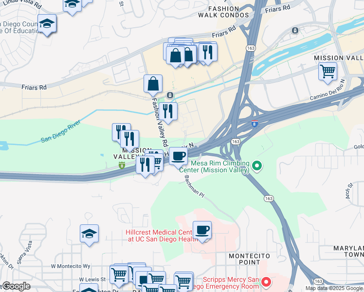 map of restaurants, bars, coffee shops, grocery stores, and more near 500 Hotel Circle North in San Diego
