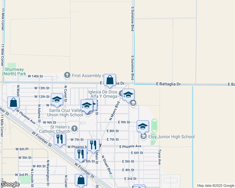 map of restaurants, bars, coffee shops, grocery stores, and more near 120 East 12th Street in Eloy
