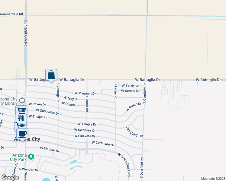 map of restaurants, bars, coffee shops, grocery stores, and more near 8435 West San Mateo Drive in Arizona City