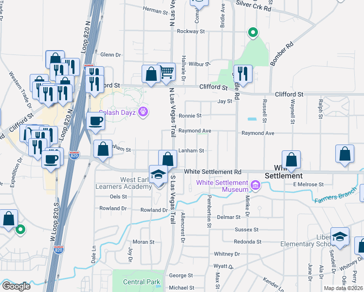 map of restaurants, bars, coffee shops, grocery stores, and more near 200 North Las Vegas Trail in White Settlement